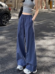 美式速干工装裤女款秋季薄款2025新款藏青色肌理感宽松阔腿运动裤