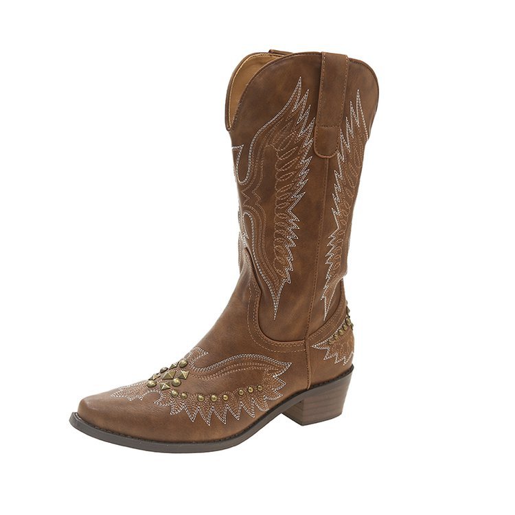 Bottes de cowboy western rétro cloutées Nouvelles bottes de chevalier brodées en V à talon épais pour femmes avec bottes mi-mollet pointues_voghion.com