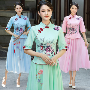 Green pink blue Floral chinese qipao dress for women girls Daily Improved Print Tang suit Fitted Cheongsam Fashion Top skirts Women's Two-piece Set