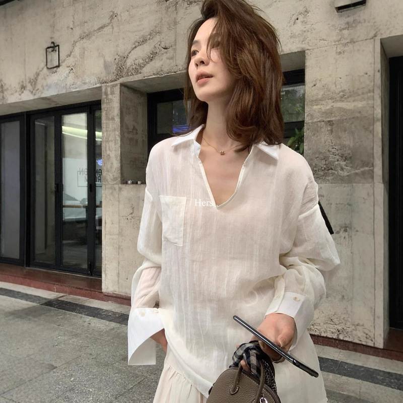 Hers Sweet Summer Women's Korean Style Pure Desire Style Slightly Transparent Elegant V-Neck Long Sleeve Shirt for Women 80462 Hers Sweet Summer Women's Korean Style Pure Desire Style Slightly Transparent Elegant V-Neck Long Sleeve Shirt for Women 80462