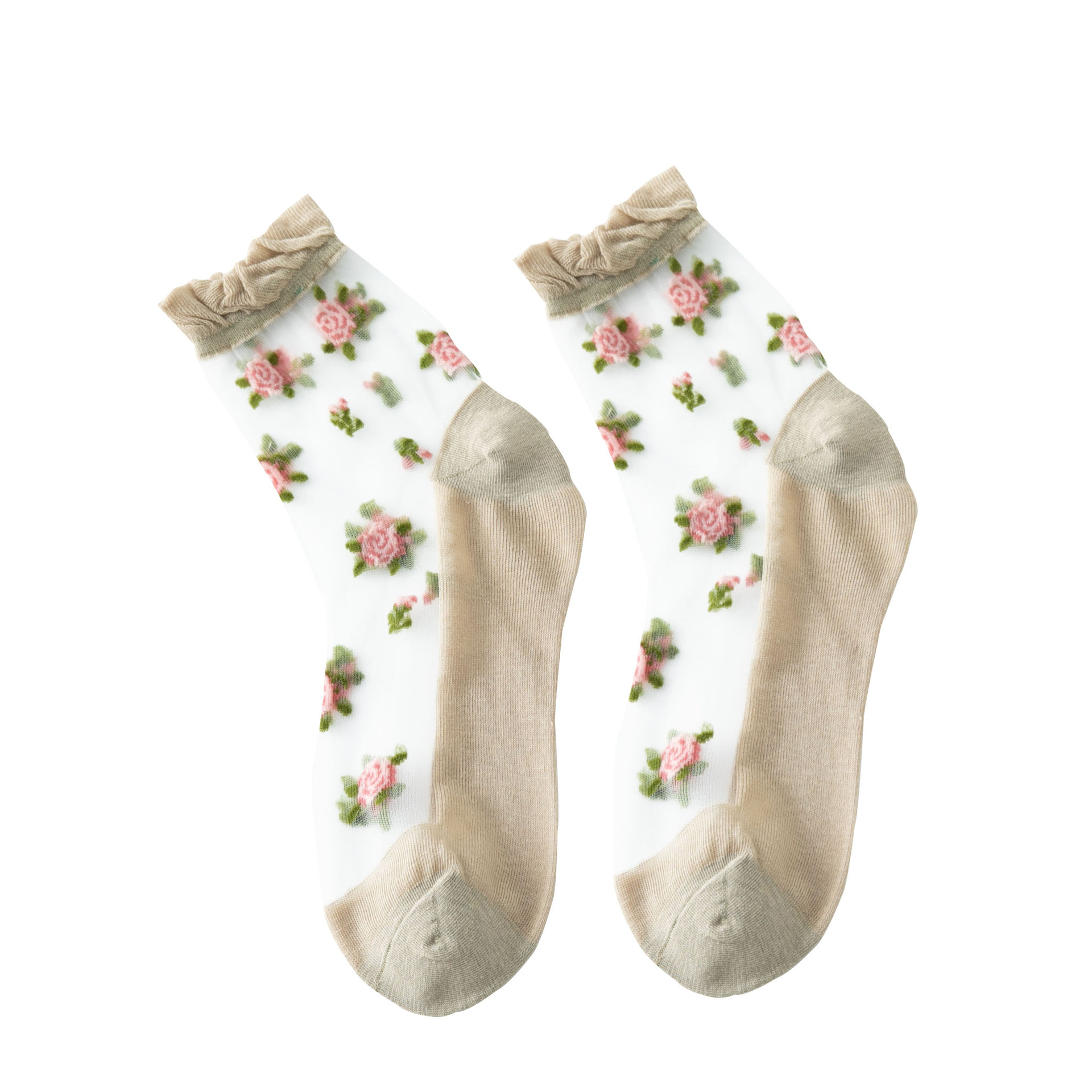 Rosa flor burbuja boca encaje Calcetines Mujer media pantorrilla Cristal Medias de cristal fino verano transparente caqui medias
