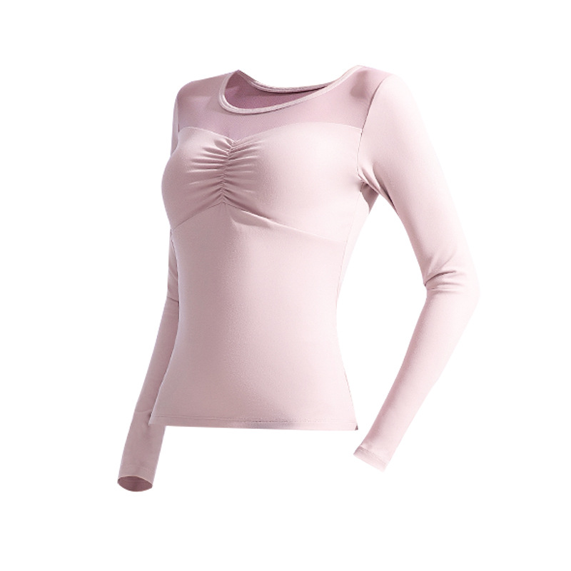 Liquidación: Camiseta de yoga de manga larga para mujer con almohadillas en el pecho, camiseta deportiva ajustada con diseño de malla fruncida.