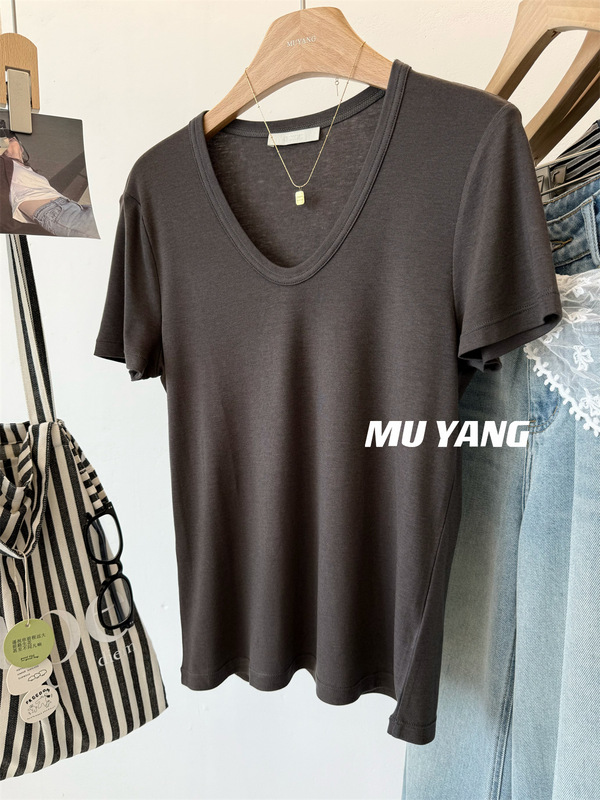 2025夏のシンプルなuネックのライセルウール半袖の下のtシャツの女性の純色の百合teeの肩の上着ins|undefined