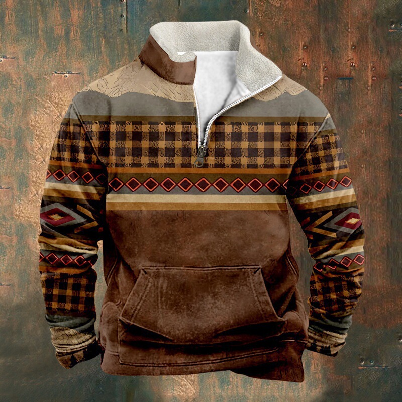 Cross-border European and American New Aztec Printed Casual Fashion Men's Shirt Long Sleeve Collar Half-zipper Sweater