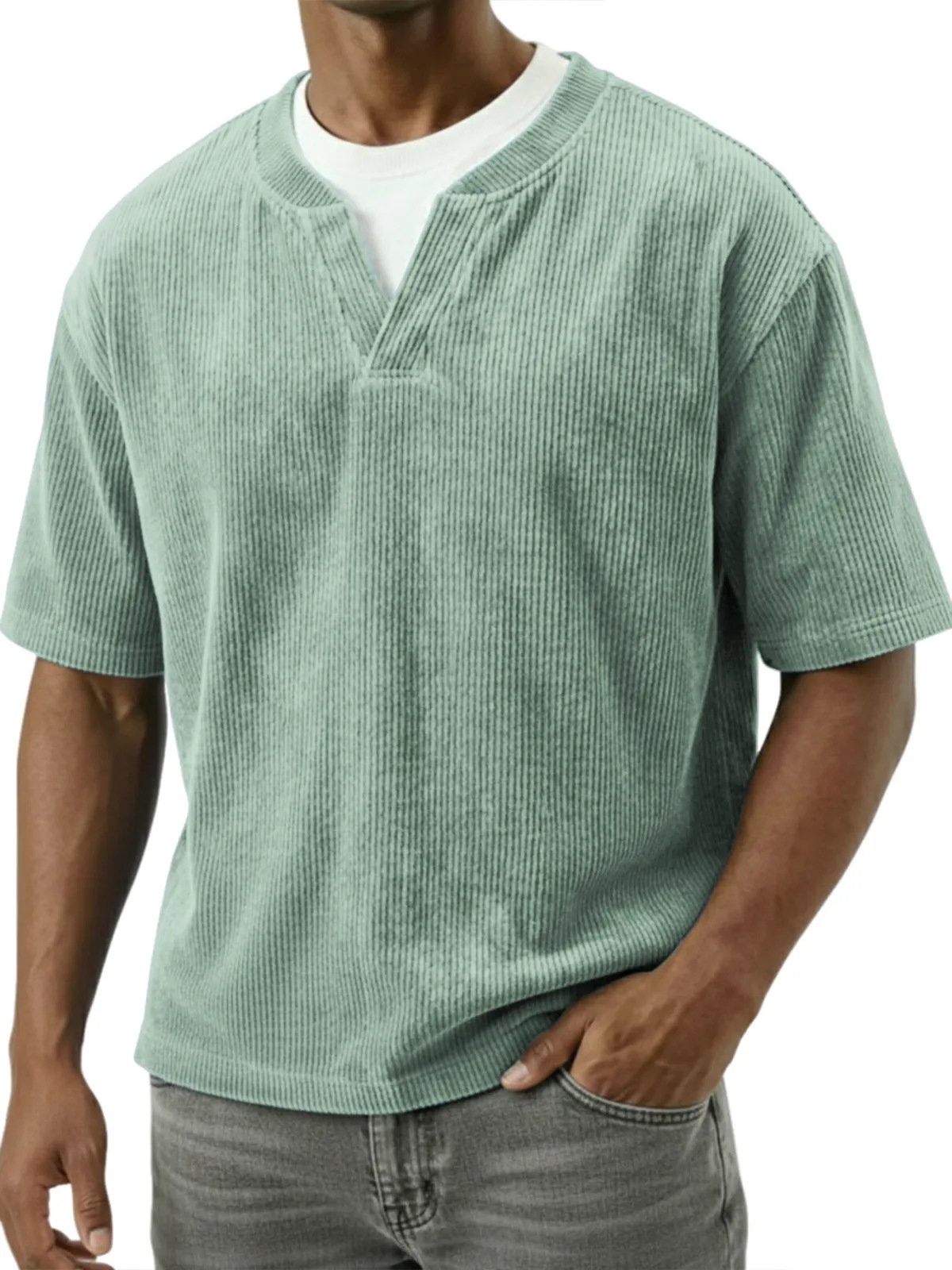 T-shirt uomo casual in velluto a coste con doppio collo_voghion.com