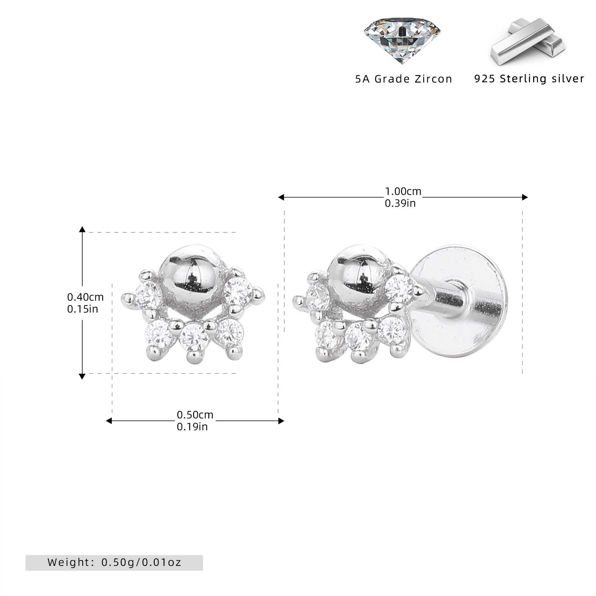 S925 Sterling Silver Round Zircon Nose Stud Piercing Jewelry_voghion.com