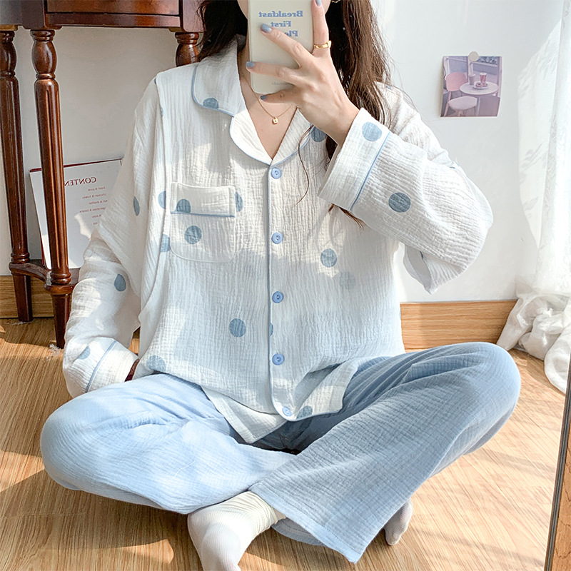해피 문면 더블 레이어 크레이프 거즈 여름 문 의류 산후 간호 홈 의류 임산부 땀 흡수성 통기성 파자마