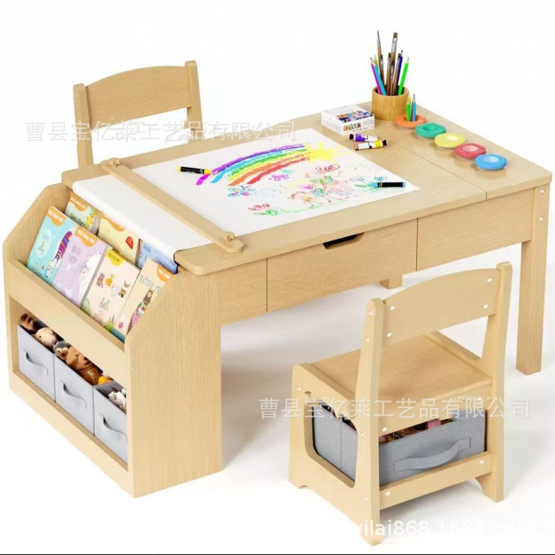 Fengzan Solid Wood Children's Painting Table Is Fully Functional, Safe and Durable, Has a Novel Style, Has a Large Capacity and Is Easy to Assemble