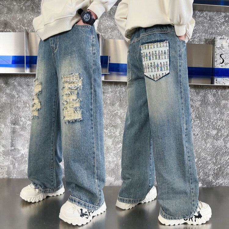 儿童男童裤子春秋款破洞牛仔裤时尚中大童帅气宽松潮流阔腿牛仔裤