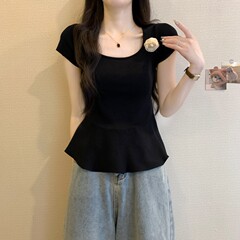 港味风格花朵方领正肩针织短袖T恤女夏季收腰显瘦荷叶边短款上衣