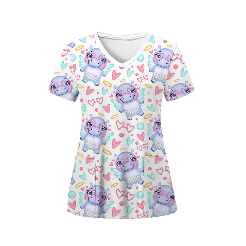Women's V-Neck Right Shoulder Slim Short-Sleeved Nurse Uniform 3D Digital Printing European and American Cross-Border Ready Stock Summer Versatile