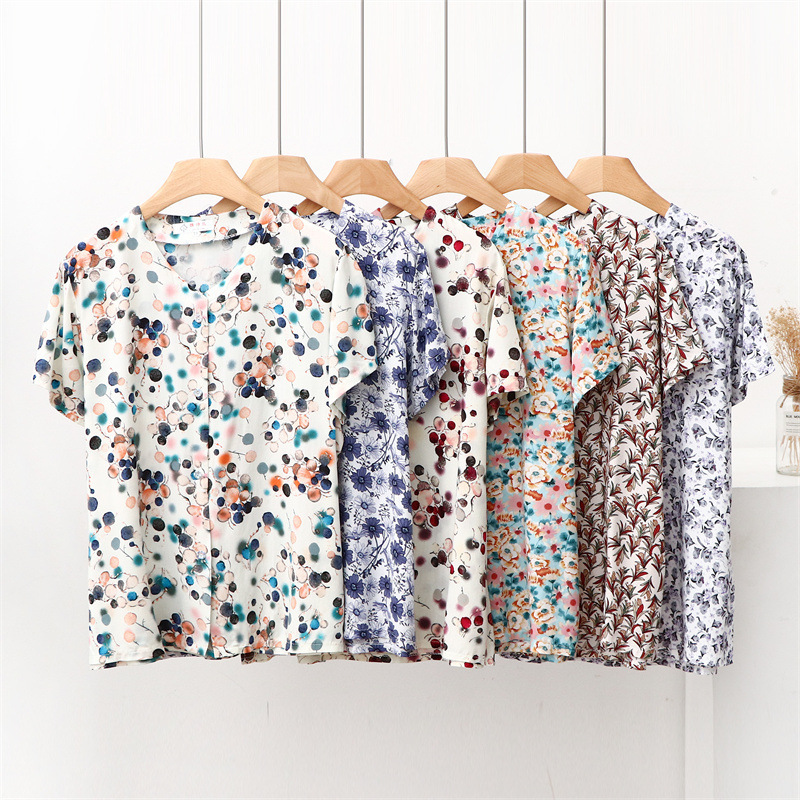 Cotton Silk Middle-Aged and Elderly Mother's Tops Summer Thin Artificial Cotton Cardigan Printed Loose Floral Shirt T-Shirt