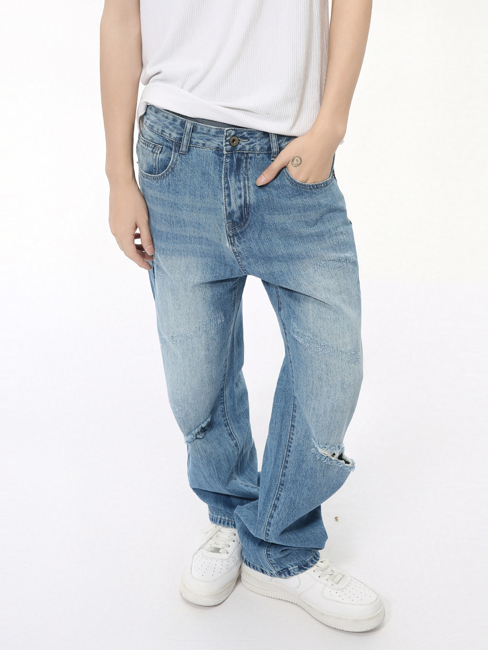 MTLCLOTHES Hombres| Otoño coreano ins básico simple agujero diseño retro jeans recto