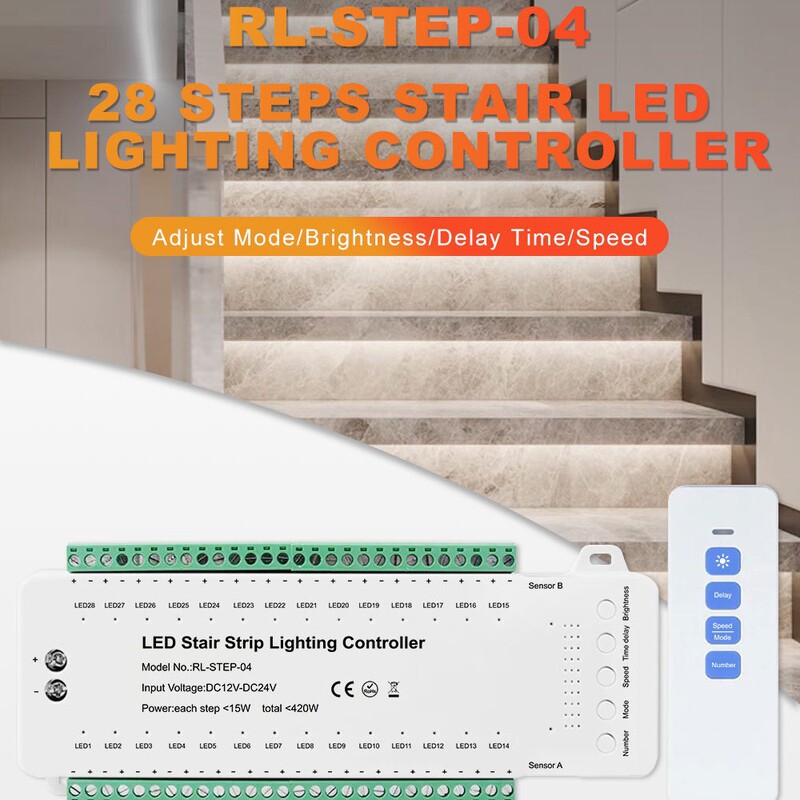Smart Internet Celebrity Stair 12-24V Running Step Pir Sensor Step 28 Steps Led Stair Light Strip Controller
