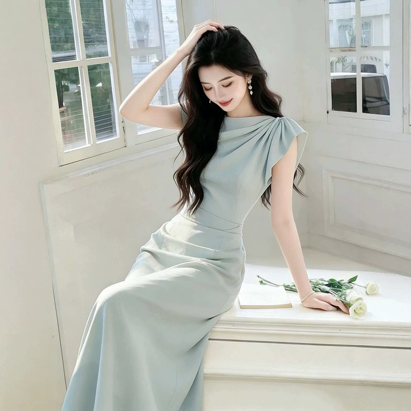 Elegant Socialite Blue Pleated Dress for Women, Unique and Super Pretty French Style Summer Dress, Figure-Flattering Waist-Cinching Long Dress