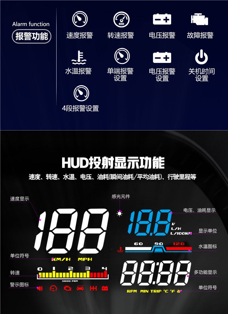 Car HUD Head-Up Display, Automotive OBD Multi-Function Speed, Water Temperature, Fuel Consumption, RPM Dashboard HD Projection