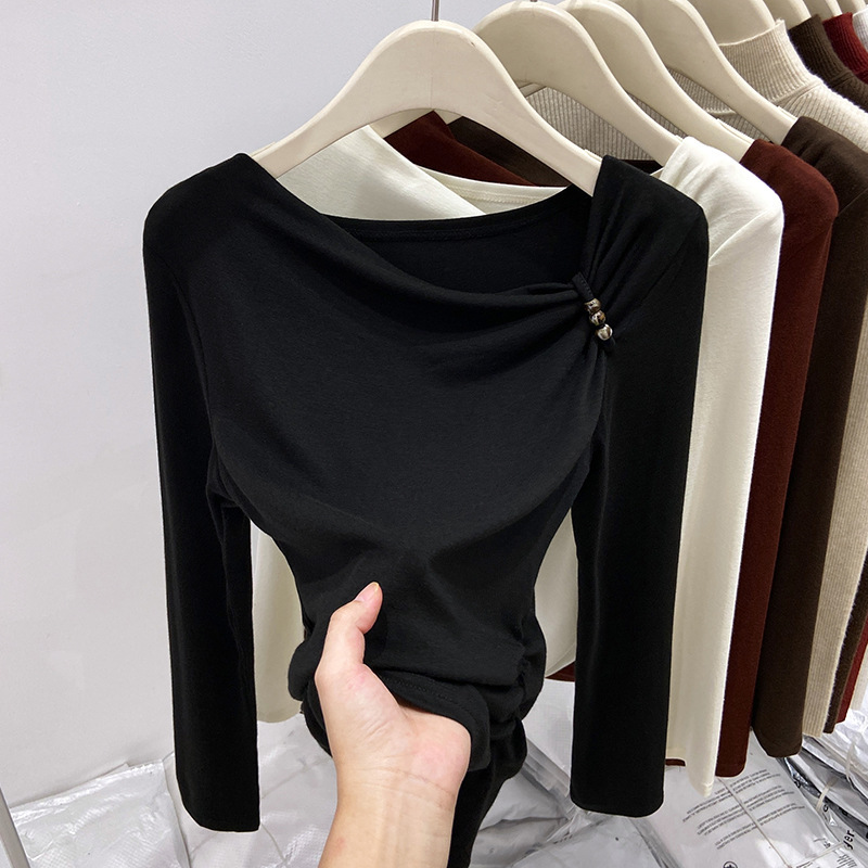 Double-sided Thread Fleece Base Shirt Lace-up Pleated Long-sleeved T-shirt Autumn and Winter Wear Spice Girl Design Elegant Top Double-sided Thread Fleece Base Shirt Lace-up Pleated Long-sleeved T-shirt Autumn and Winter Wear Spice Girl Design Elegant Top