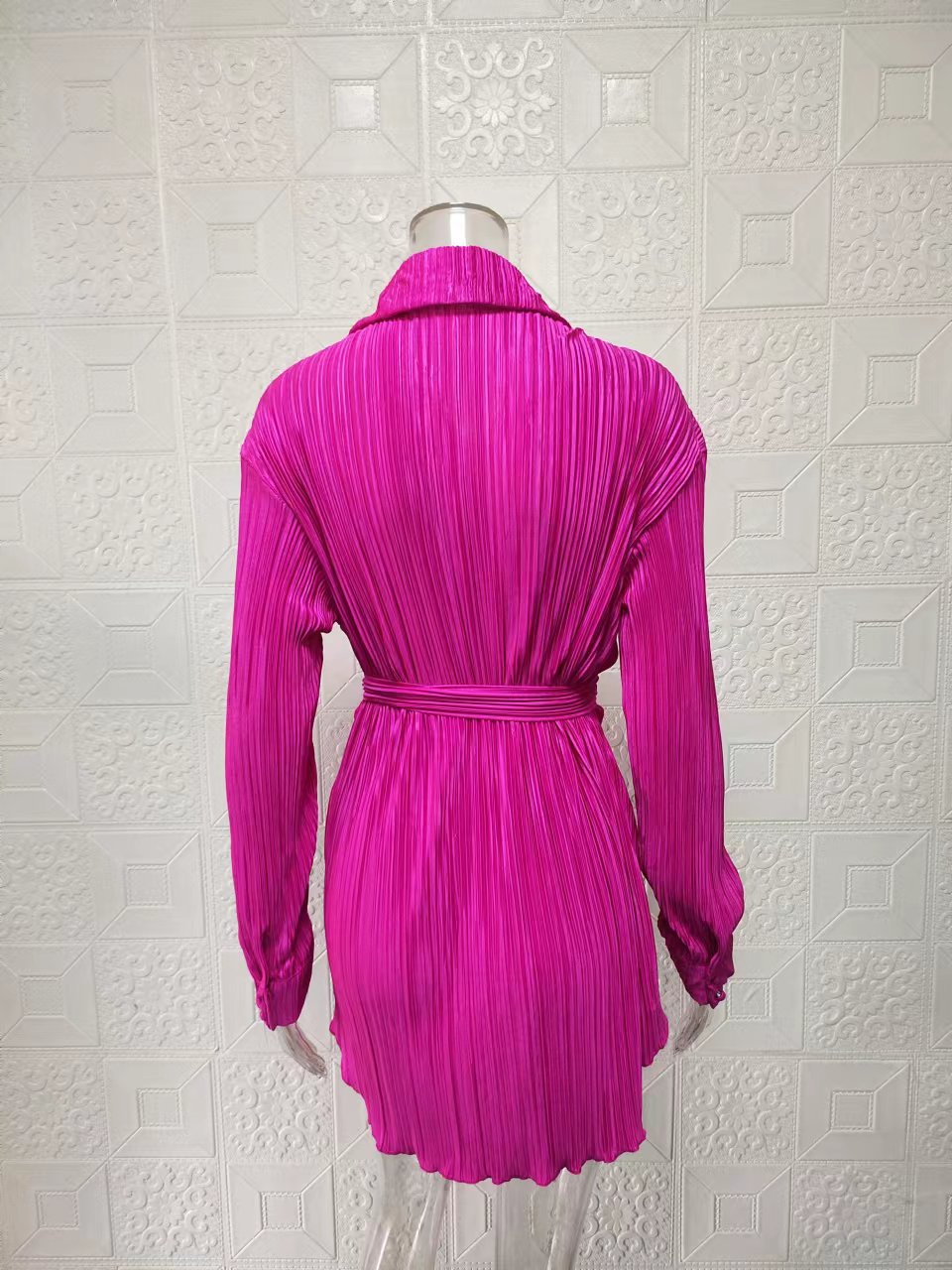 Women's Clothing 2024 women's new shirt collar fashion women's elastic waist pleated long sleeved lace up dress_mkmklike.com