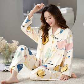 甜美韩版长袖睡衣女2022年新款春秋季纯棉宽松可爱卡通家居服套装
