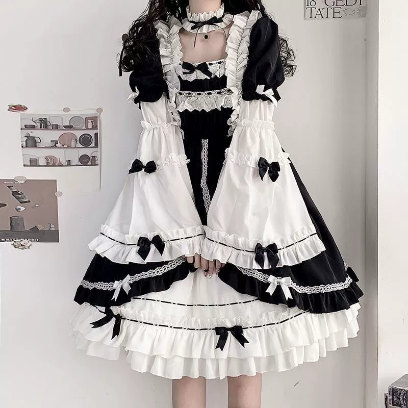 Съёмное платье Lolita OP (женское) — чёрно‑белый комплект с юбкой и украшением для волос, размеры S–XL