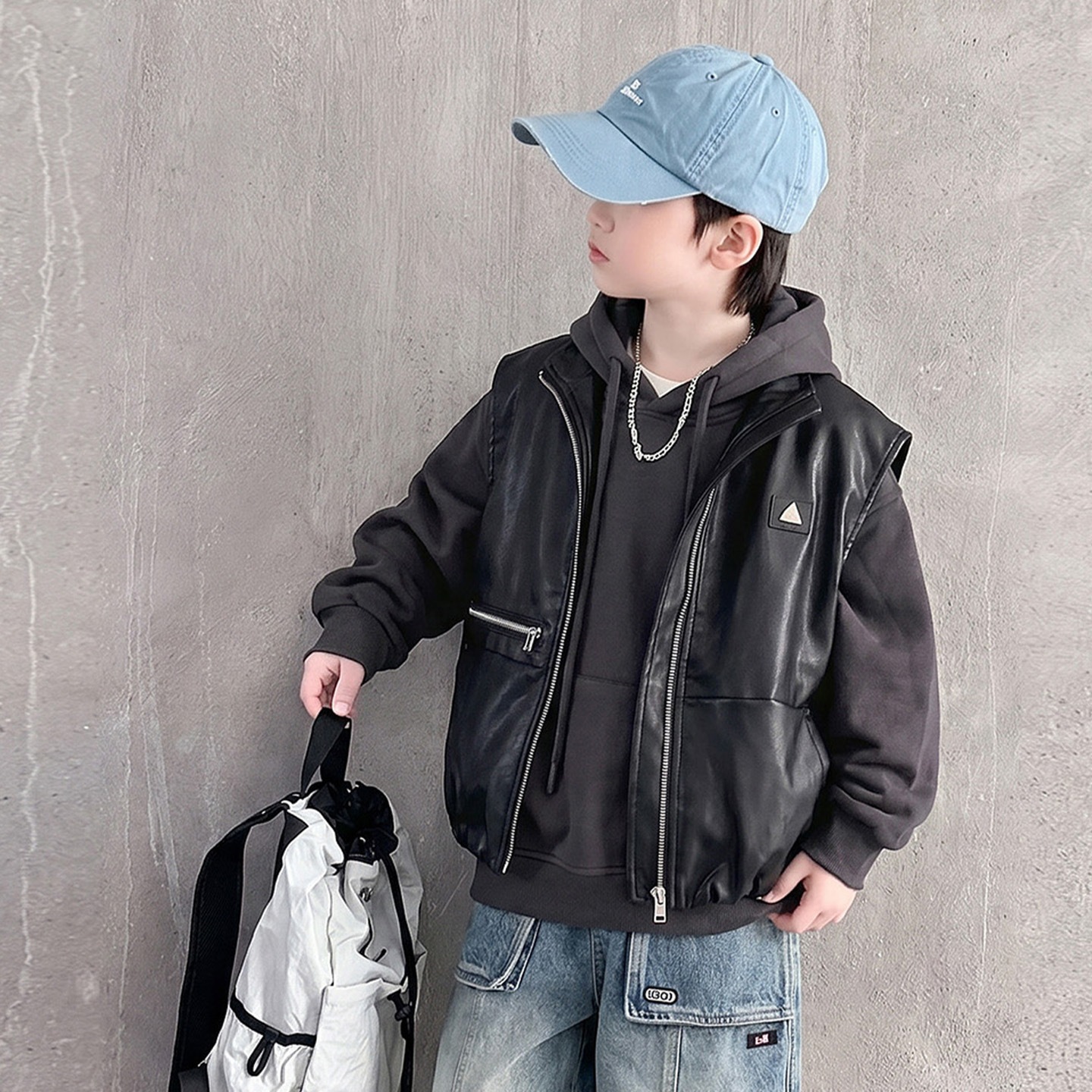 2026 New Style Handsome Boys' Leather Vest, Stylish PU Leather Jacket for Middle and Large Children