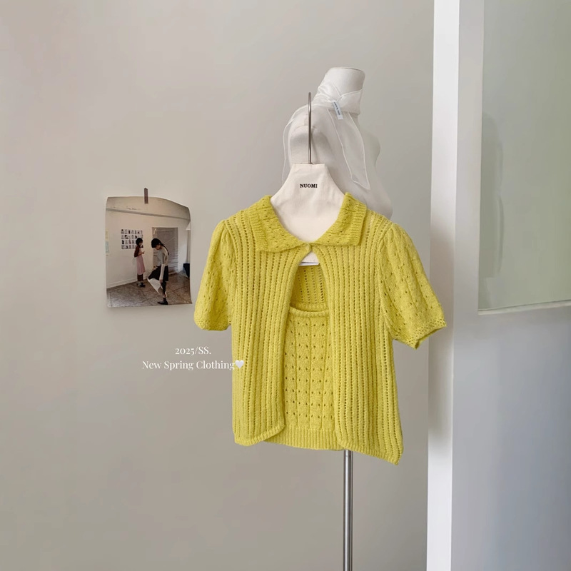 Korean-style Hollow Camisole Short-sleeved Top Knitted Two-piece Set Spring and Summer 2025 New Macarons Wear suit