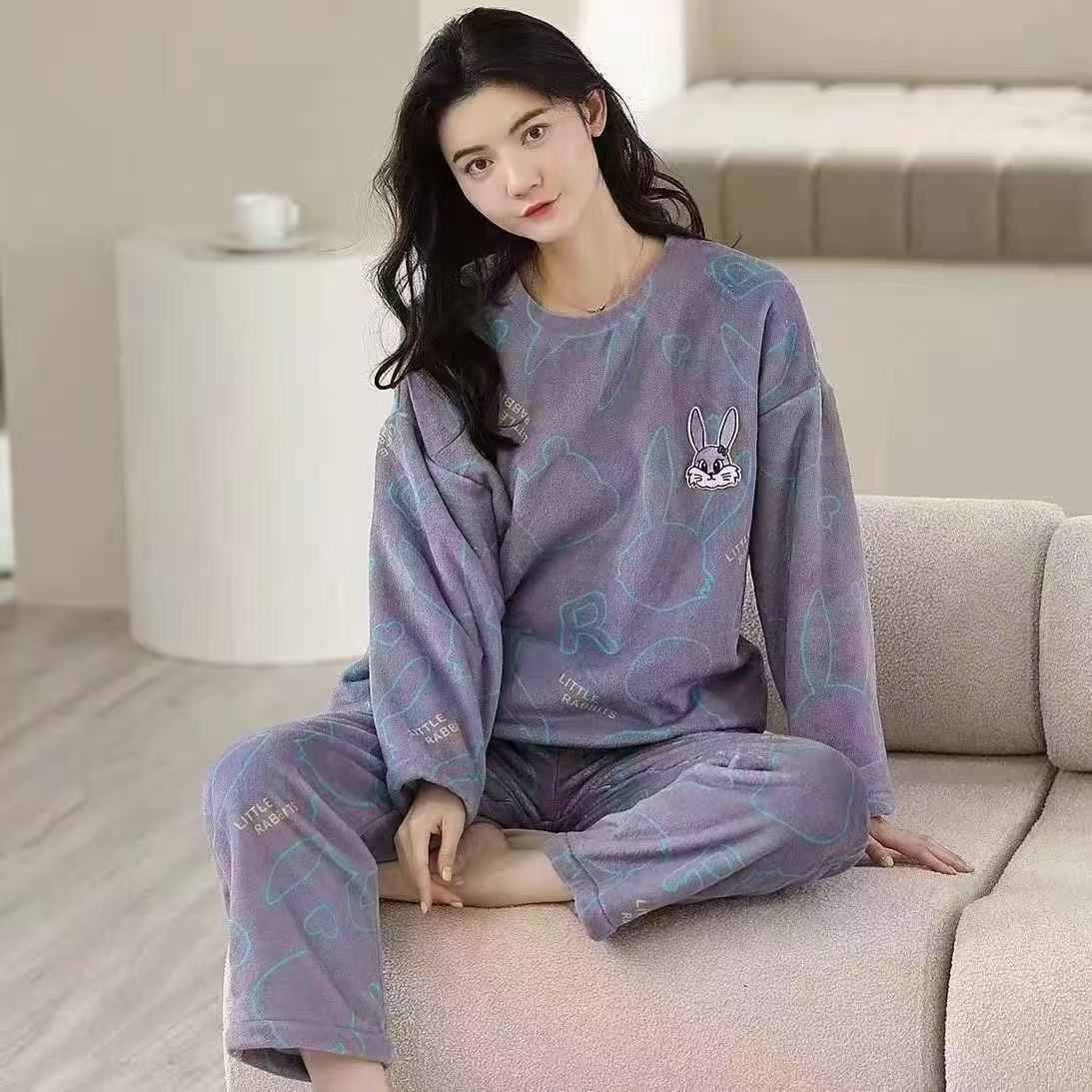 Franela al por mayor transfronteriza otoño invierno engrosado dulces dibujos animados sueltos chaqueta casual de coral pijama ropa doméstica de mujer