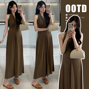 2025 summer new Korean fashion temperament French hanging neck slim stretch long dress
