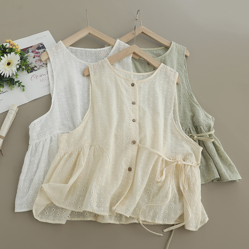 Summer New Sweet Mori Girl Japanese Style Age-Reducing Embroidered Hollow Vest Loose Fashion Versatile Sleeveless Tank Top
