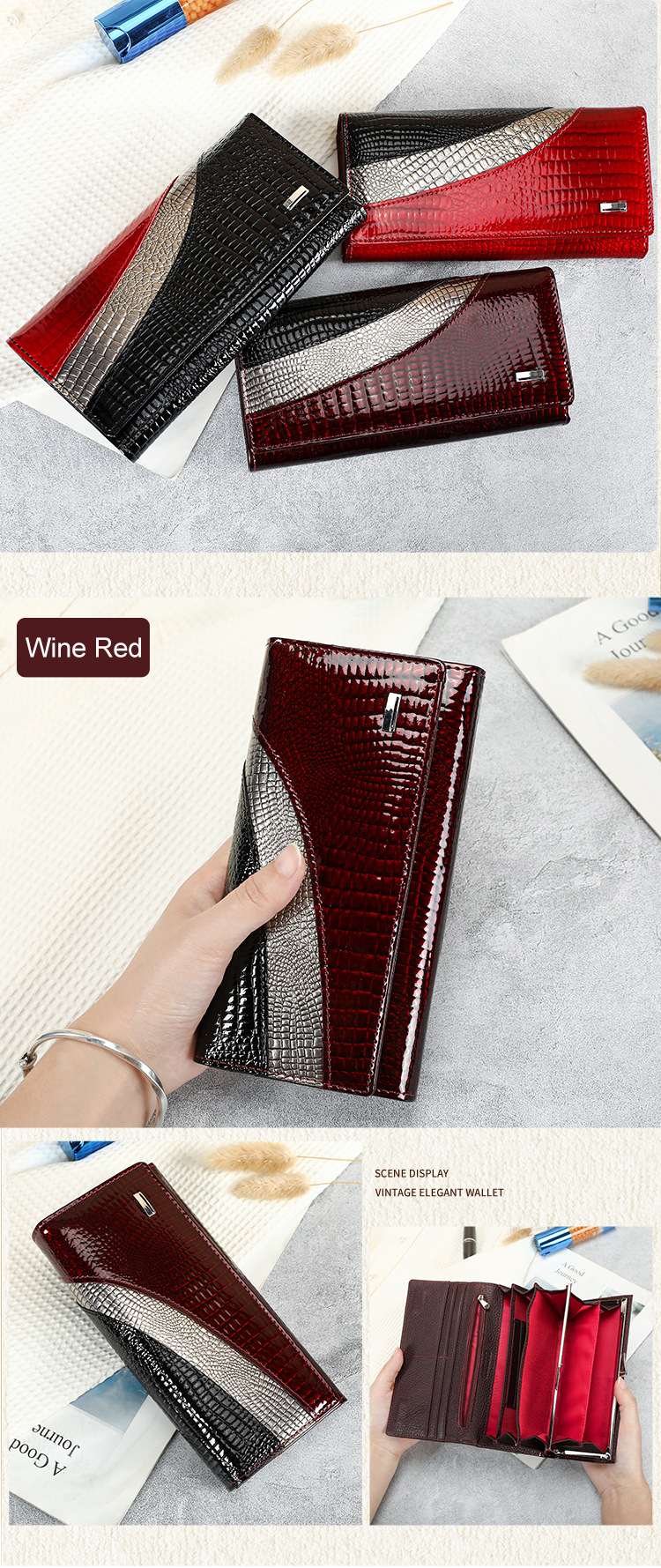 Ví cầm tay nữ da thật dáng dài phong cách đơn giản — Đen, Đỏ, Đỏ rượu, 18.5*3*9cm chi tiết 6