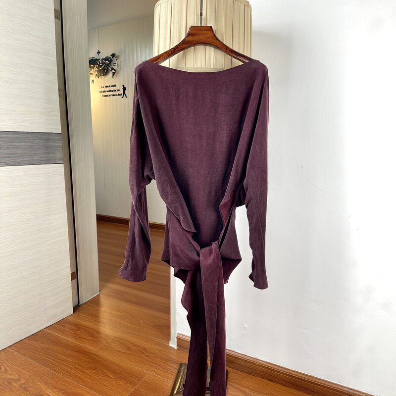 Copper Ammonia Fiber Irregular Tie Waist Shirt for Women, Batwing Sleeves, Off-Shoulder Tie, Loose Fit, Slimming, Drapey Top Copper Ammonia Fiber Irregular Tie Waist Shirt for Women, Batwing Sleeves, Off-Shoulder Tie, Loose Fit, Slimming, Drapey Top
