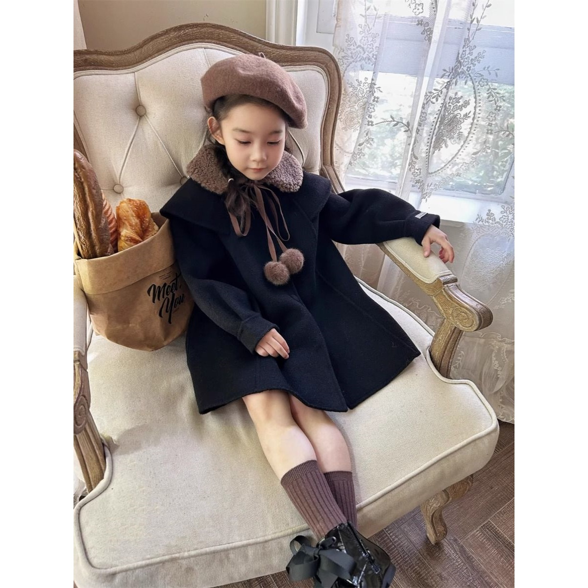 女童毛呢外套春装2025新款洋气儿童学院风中长款可爱洋气呢子大衣