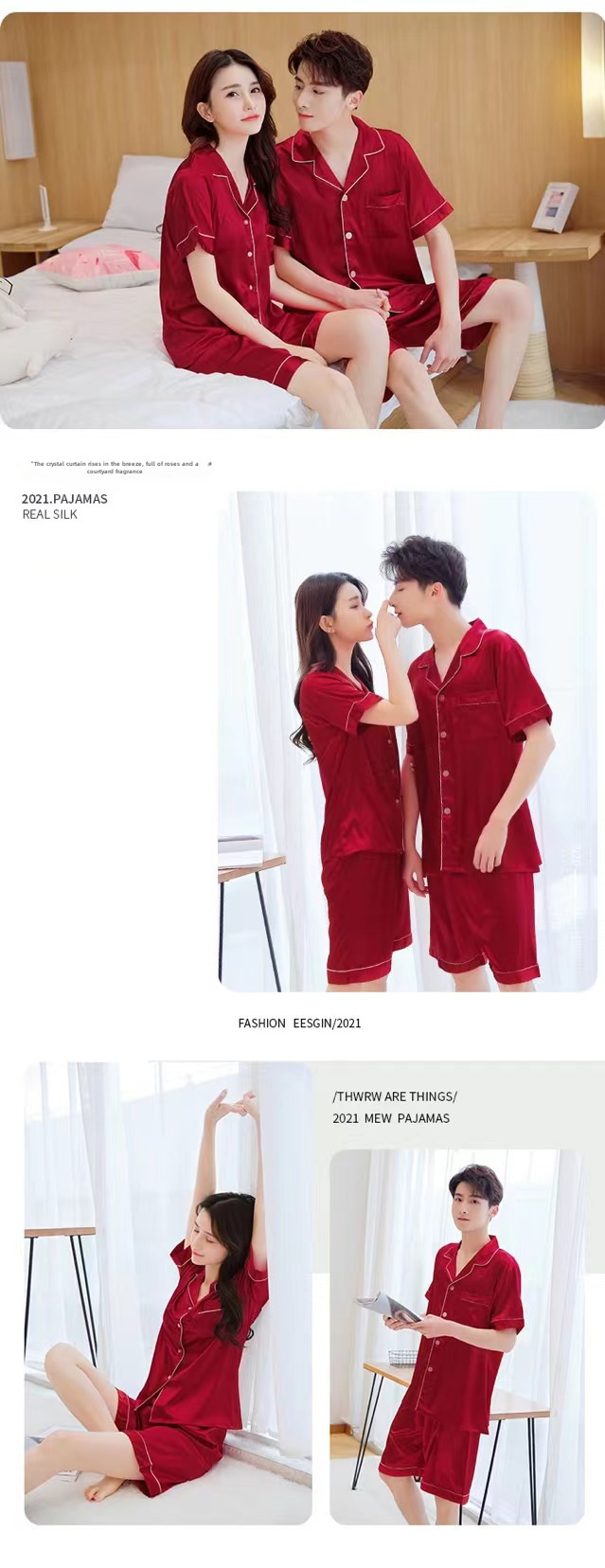 Han Yatong Summer Couple Pajamas Simulation Silk Short-sleeved Shorts Set Thin Men's and Women's Home Clothes 5075_voghion.com