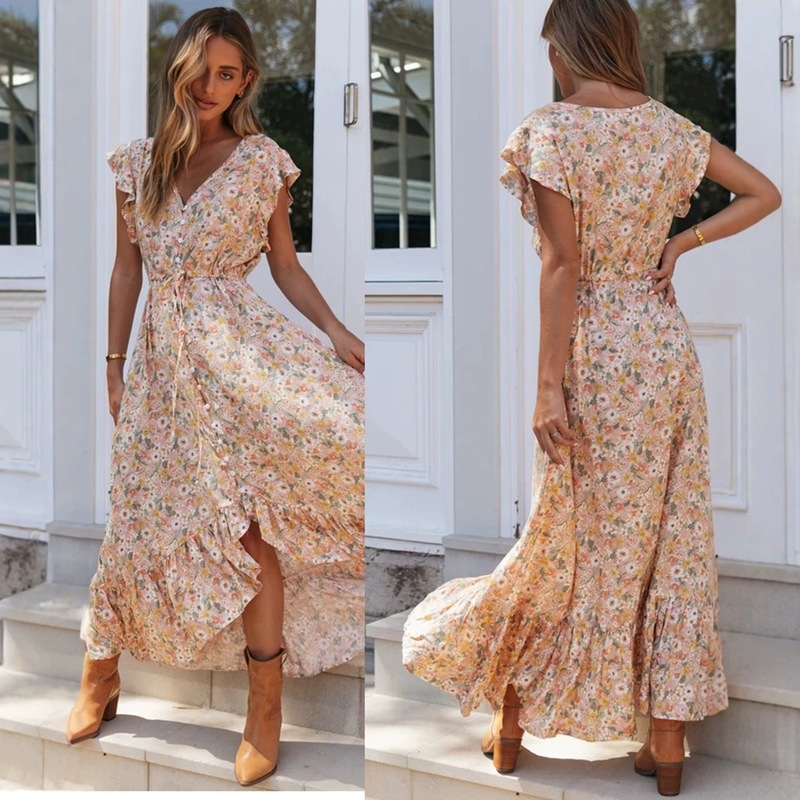 In-Stock Summer Casual Butterfly Sleeve V-Neck Women's Dress with Elegant Tie and Pleated Bohemian Style, Mid-Length In-Stock Summer Casual Butterfly Sleeve V-Neck Women's Dress with Elegant Tie and Pleated Bohemian Style, Mid-Length