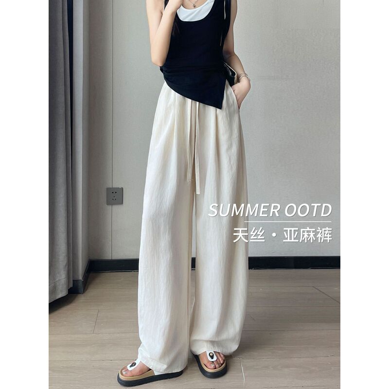 Cooling Texture Wide-Leg Pants for Women, Summer Thin Tencel Breathable Linen Drapey Straight-Leg Floor-Length Pants
