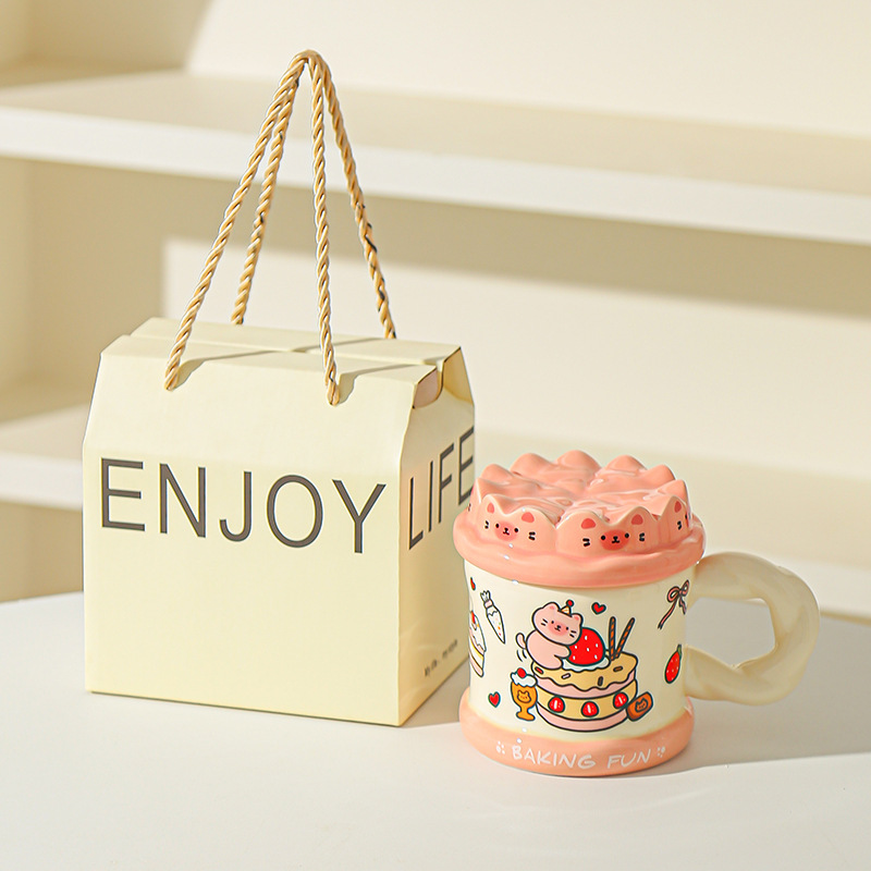 Tarta de cumpleaños pintada a mano, taza de gato, taza de cerámica de alta calidad con cubierta, taza de agua para niñas, taza de cerámica para parejas