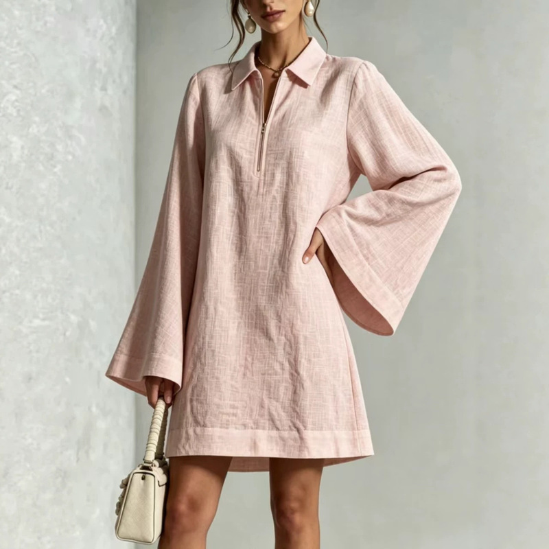 2026 European and American cross-border Amazon foreign trade solid color lapel half-zip loose thin long-sleeve casual dress 2026 European and American cross-border Amazon foreign trade solid color lapel half-zip loose thin long-sleeve casual dress