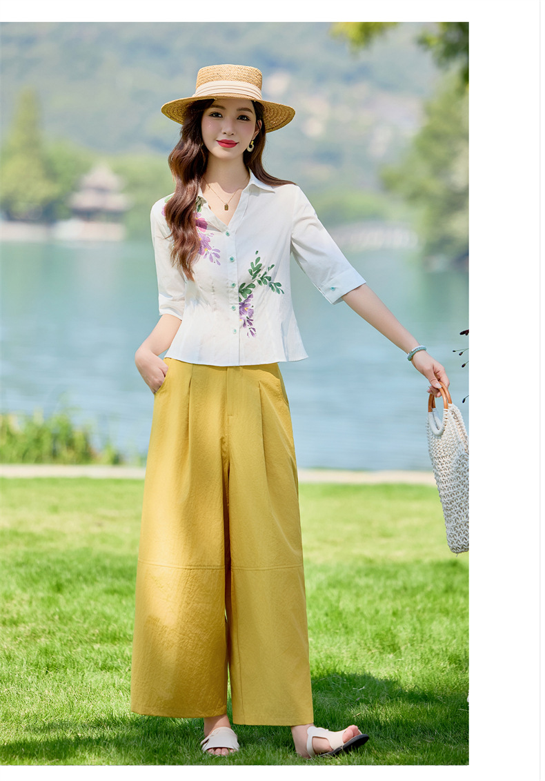 Bộ vest nữ hai mảnh áo sơ mi in họa tiết kết hợp quần ống suông cạp cao — Màu ảnh chi tiết 16