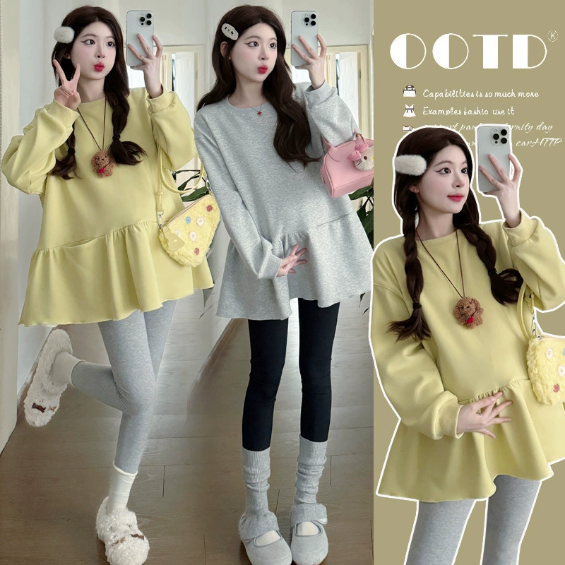 Спотовые свитера для беременных осенью и зимой новый сплошной цвет плюс бархат свободный свитер для беременных рубашки для беременных