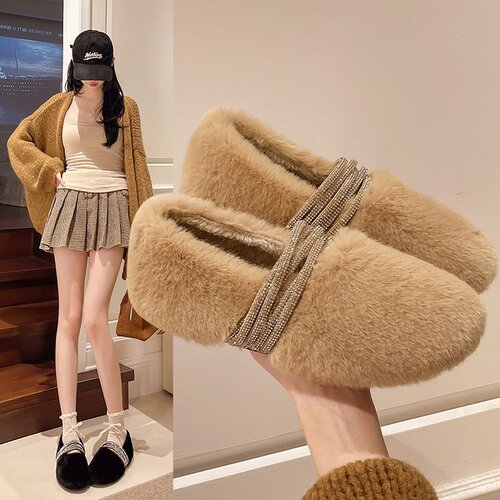 One piece of slip-on fur shoes for women, winter and winter, new Korean style fairy people-in shoes, flat cotton shoes for women