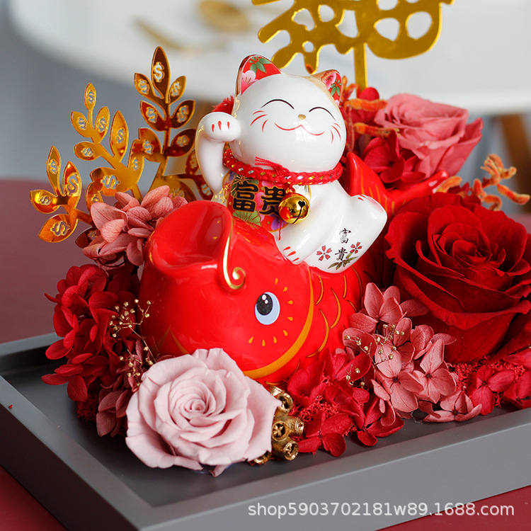 Cerámica gato afortunado koi regalo para novia regalo de cumpleaños rosa al por mayor regalo del Día de San Valentín flor seca flor eterna