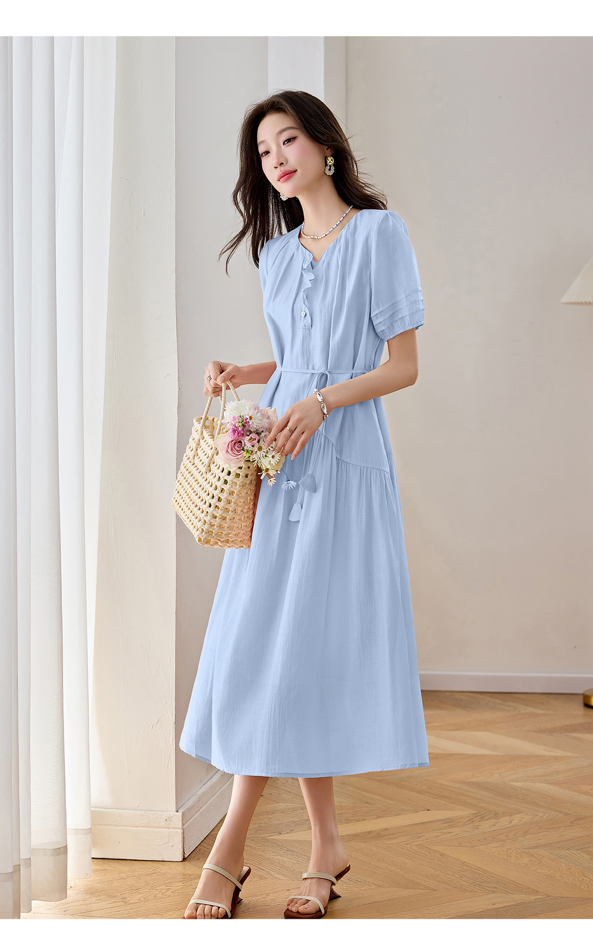Đầm maxi nữ thắt eo chất liệu mềm mại phong cách resort — đỏ Angola, xanh lam, Màu hồng chi tiết 24