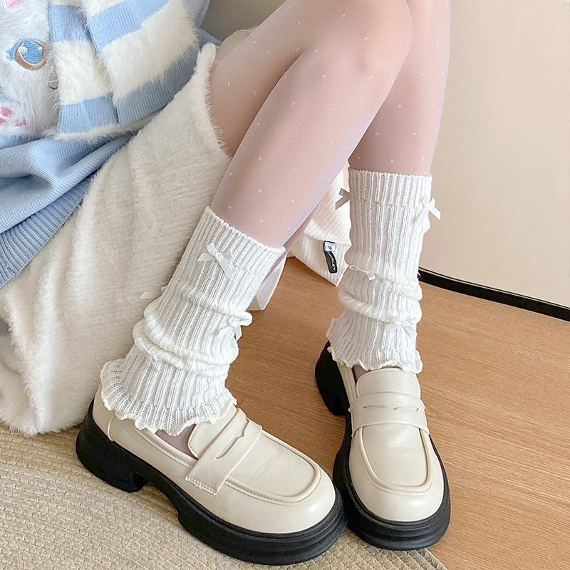 Scaldamuscoli Calzini in cotone per donna Calzini in pile lavorato a maglia Primavera e autunno Leggings bianchi autunnali e invernali con fiocco a tubo medio_voghion.com