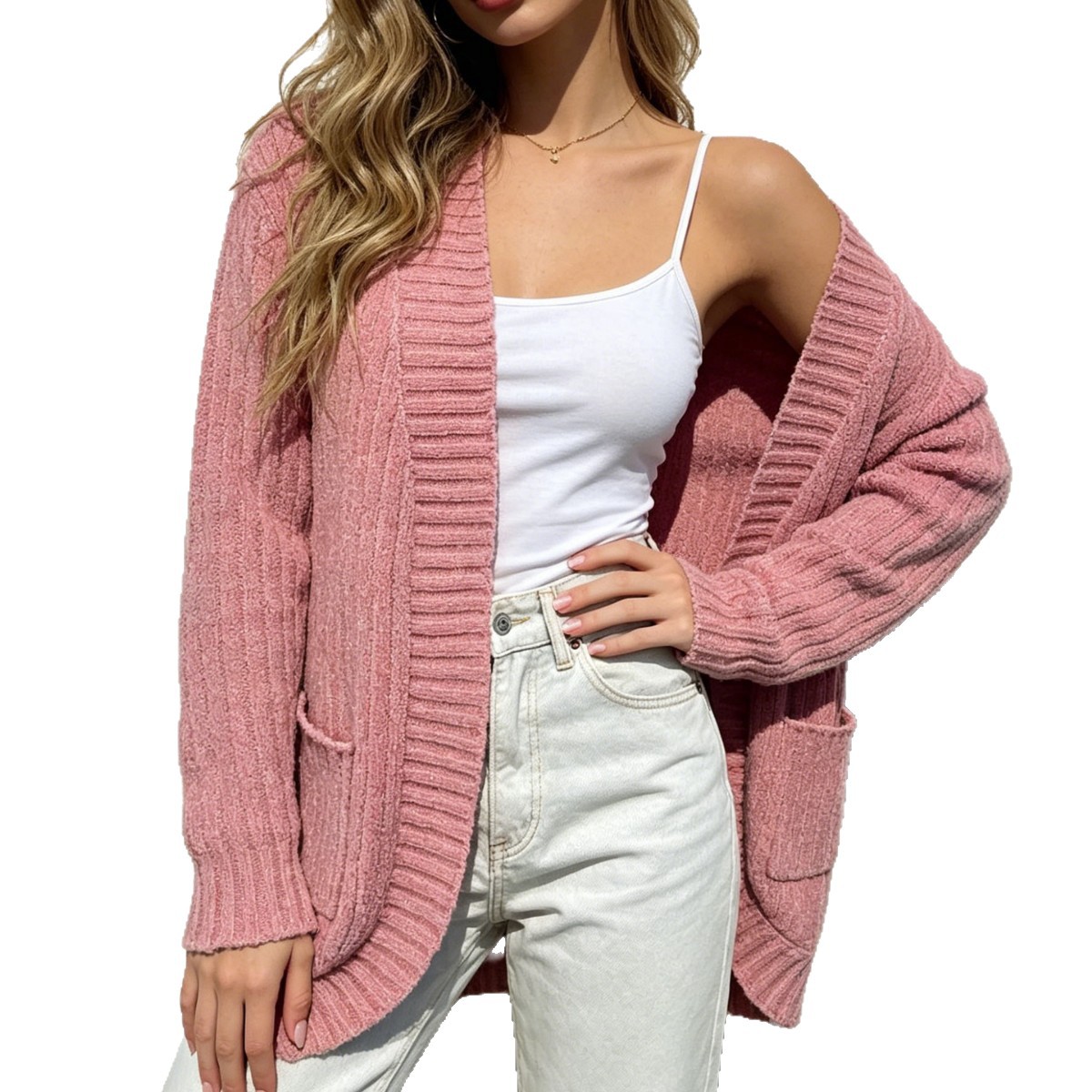 Amazon's best selling chenille knitted cardigan for women with vertical pit strips, large pockets, lazy cardigan, European and American casual jacket