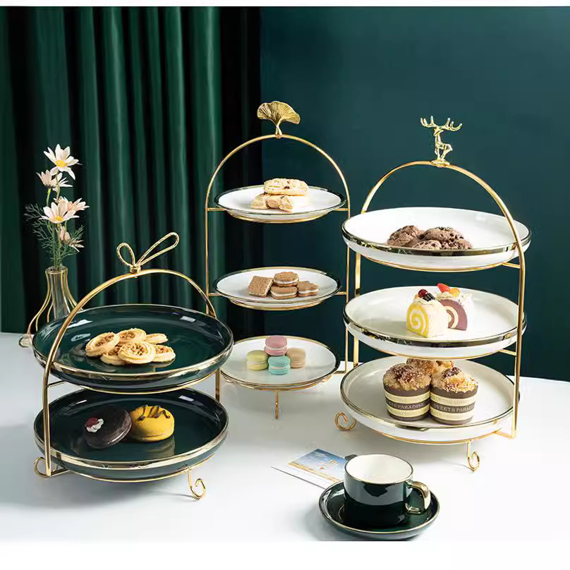 De estilo europeo chino y occidental comida cerámica postre merienda plato merienda té de la tarde japonés multiusos pastel de tres capas plato de fruta estante