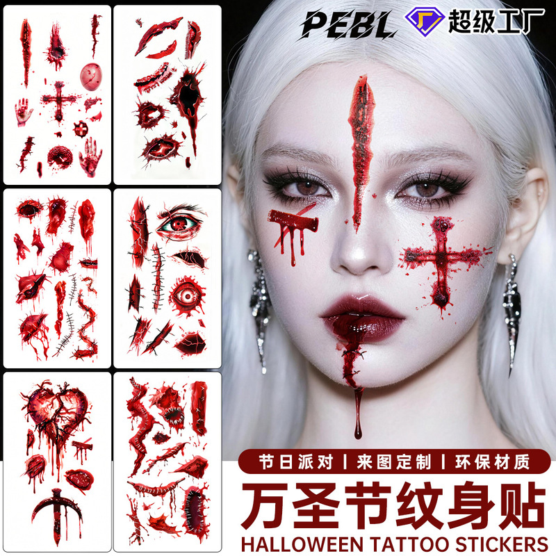 New Halloween Scar Tattoo Sticker Waterproof Horror Bloody Wound Party Temporary Disposable Waterproof Tattoo Sticker