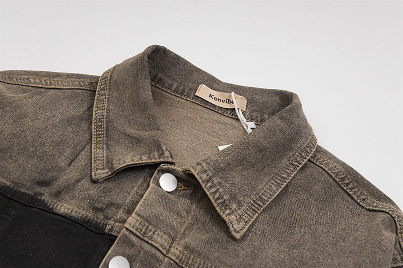 Abbigliamento maschile Giacca in denim retrò con colori a contrasto per uomo e donna, maniche lunghe, design con giunture, giacca alla moda di alta qualità, cardigan da coppia_voghion.com