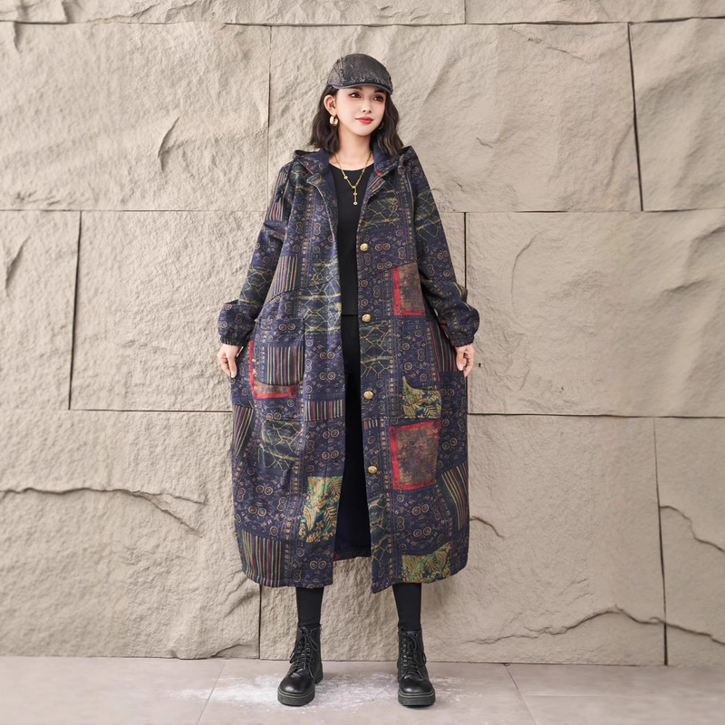 Winter Cotton and Linen Long Outwear Digitally Printed Cotton Single-Breasted Hooded Loose Women's Velvet Windbreaker New Style for Women