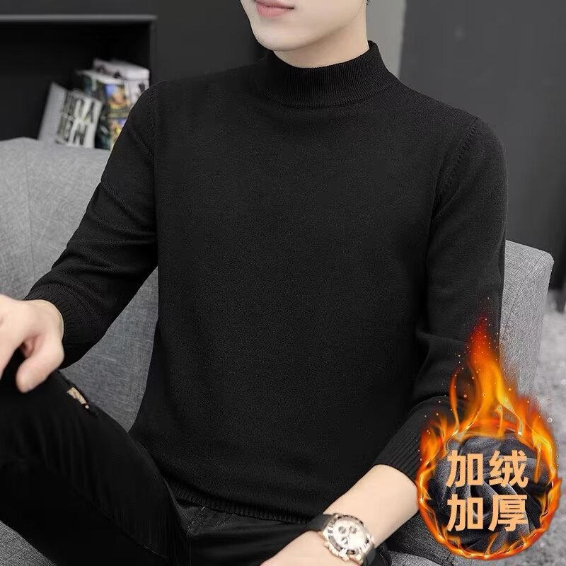 Men's Sweater Half Turtleneck Autumn and Winter Slim Fit Versatile Knitted Bottoming Shirt Pure Black Mid-Collar Trendyy Sweater Men's Sweater Half Turtleneck Autumn and Winter Slim Fit Versatile Knitted Bottoming Shirt Pure Black Mid-Collar Trendyy Sweater