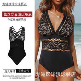 跨境外贸蕾丝交叉游泳衣女欧美性感bikini比基尼连体泳装现货批发